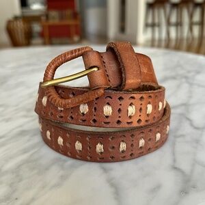 Brown Leather Cutout Belt With Jute Inlay Size Large